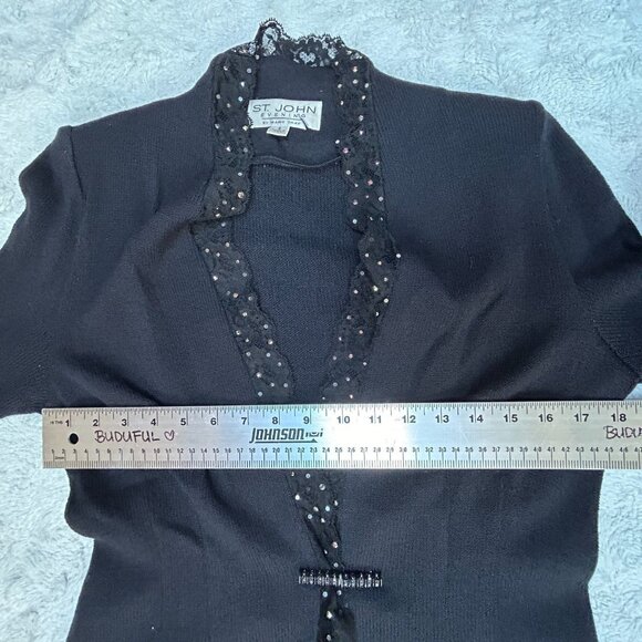 St. John Evening Marie Gray Womens Black Knit Cardigan Sweater Lace Trim Size 4 - Picture 5 of 7